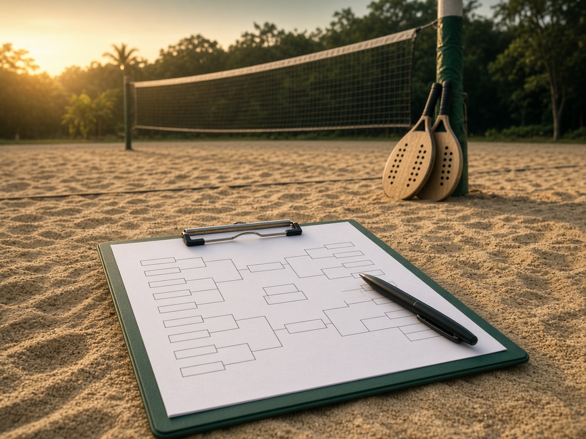 Chave de torneio e quadra de areia vazia, pronta para o sorteio