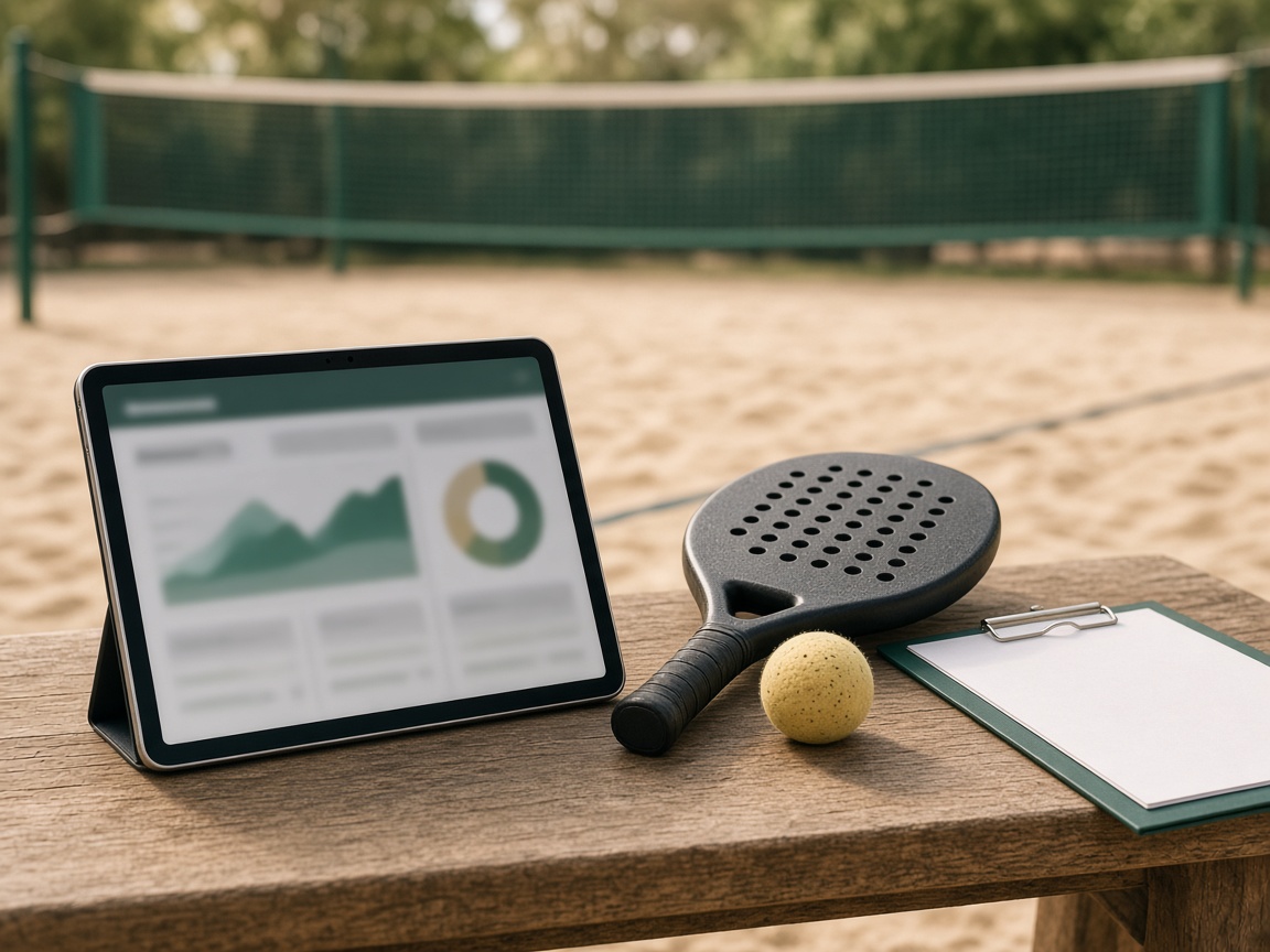 Tablet e material de inscrição na mesa da quadra de beach tennis, sem atletas no enquadramento