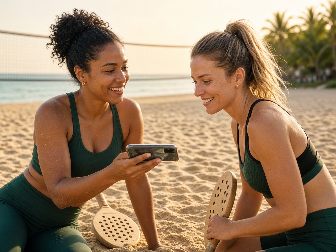 Duas atletas de beach tennis combinando convite de inscrição pelo celular