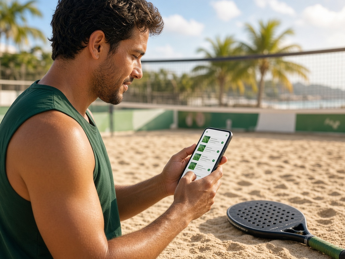 Atleta consultando torneios de beach tennis no celular, na quadra de areia