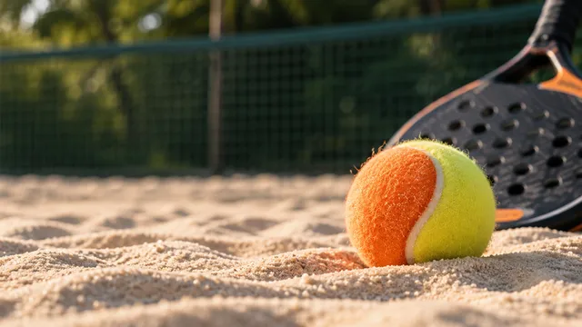 Bola de beach tennis laranja e amarela sobre a areia