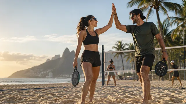 Dupla comemorando um ponto na areia