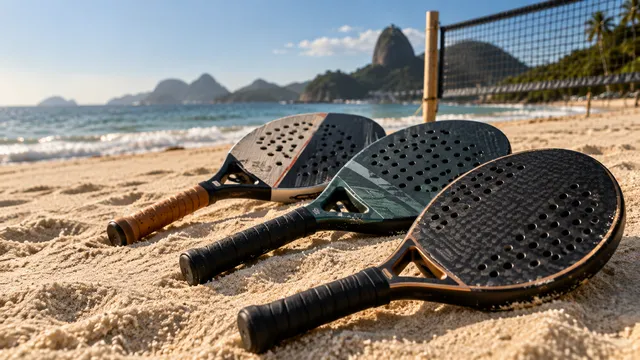Três raquetes de beach tennis com diferentes acabamentos