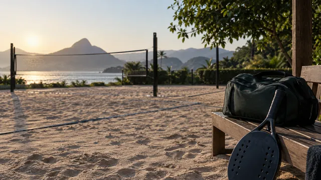Banco vazio junto a uma quadra de beach tennis